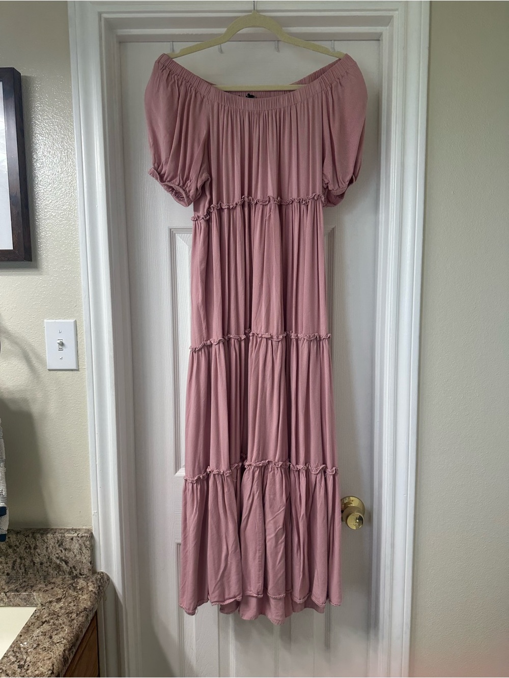 Pinkblush Off-Shoulder Tiered Maxi Dress in Dusty Rose